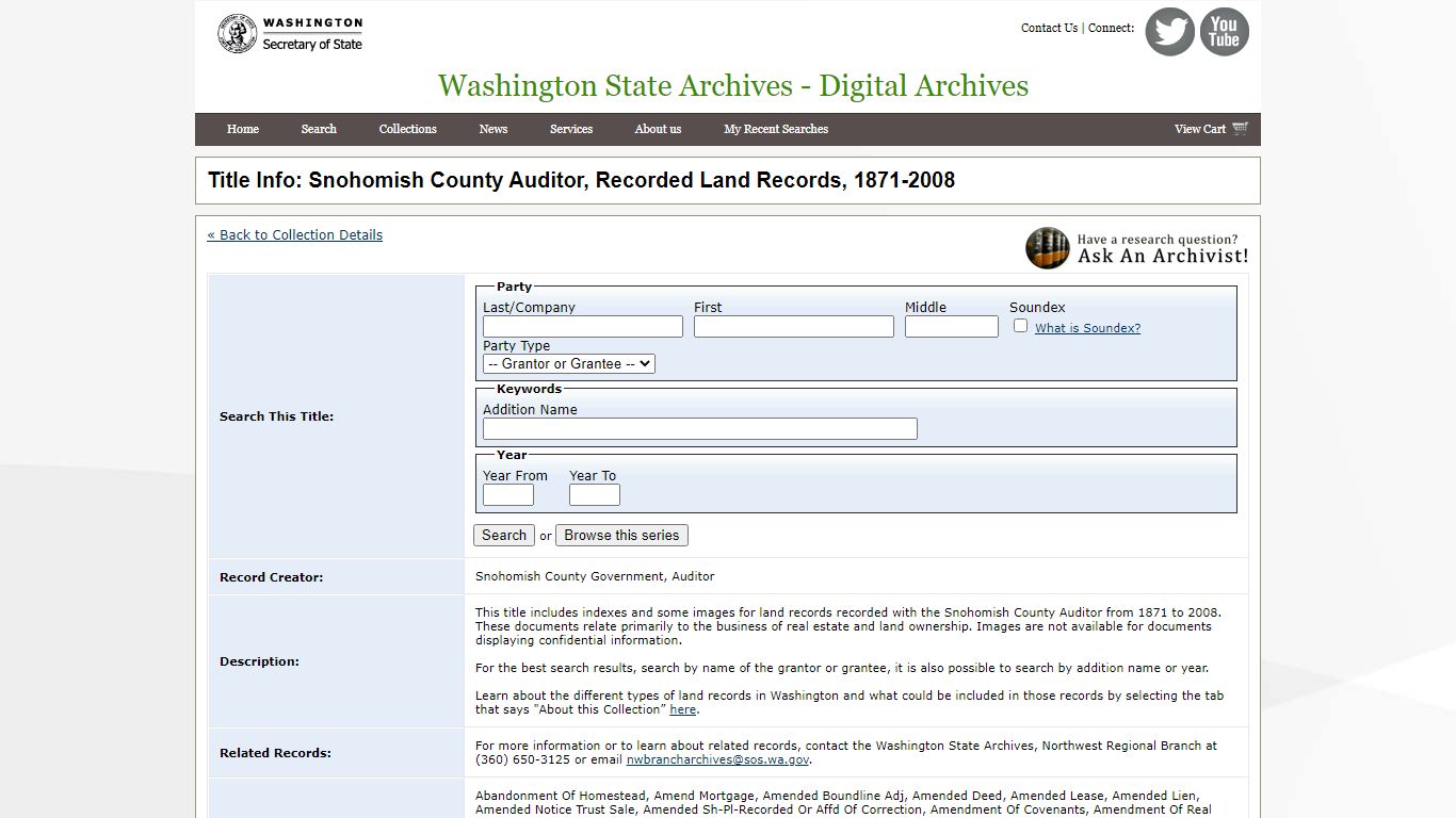 Title Info: Snohomish County Auditor, Recorded Land Records, 1871-2008